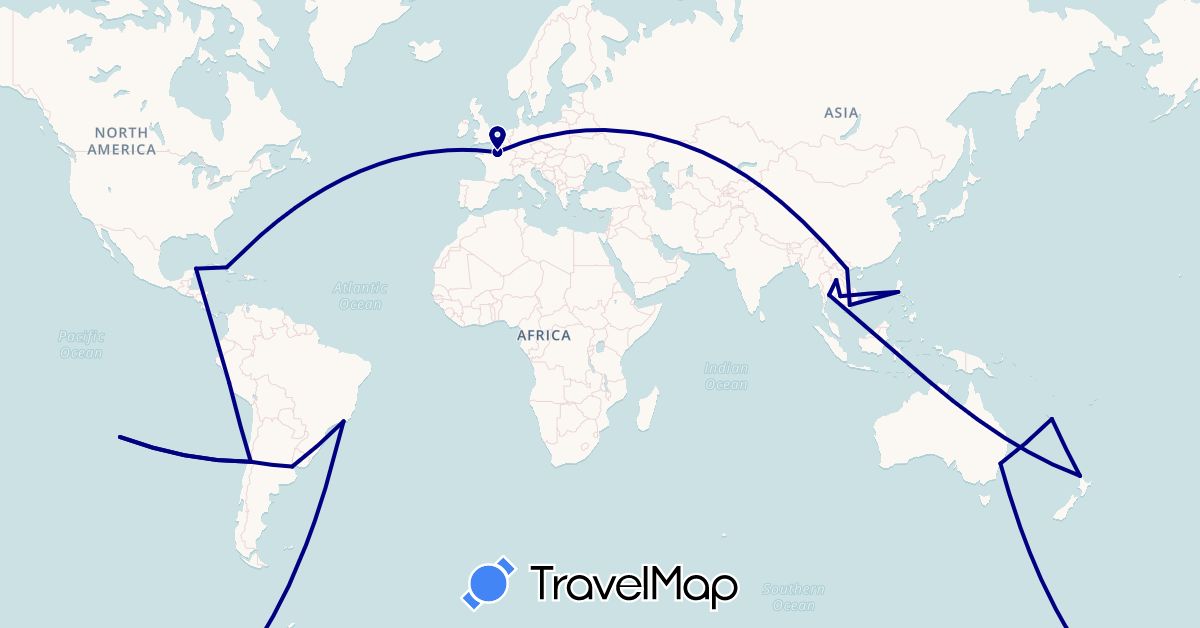 TravelMap itinerary: driving in Argentina, Australia, Brazil, Chile, Cuba, France, Cambodia, Laos, Mexico, New Caledonia, New Zealand, Peru, Philippines, Thailand, Vietnam (Asia, Europe, North America, Oceania, South America)